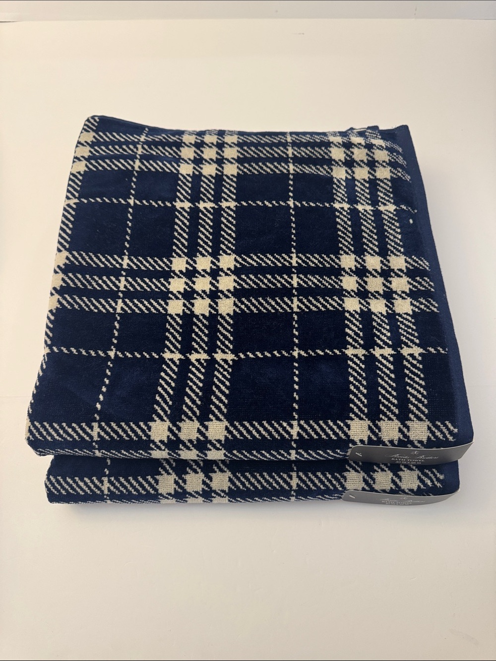 2pc BROOKS BROTHERS 100% Cotton Velour Plaid Bath Towel Set -  Blue/Off White